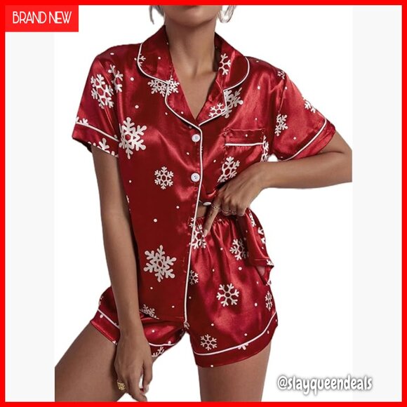 Women's Satin Pajama Set Short Sleeve Button Down Shirt Shorts Holiday